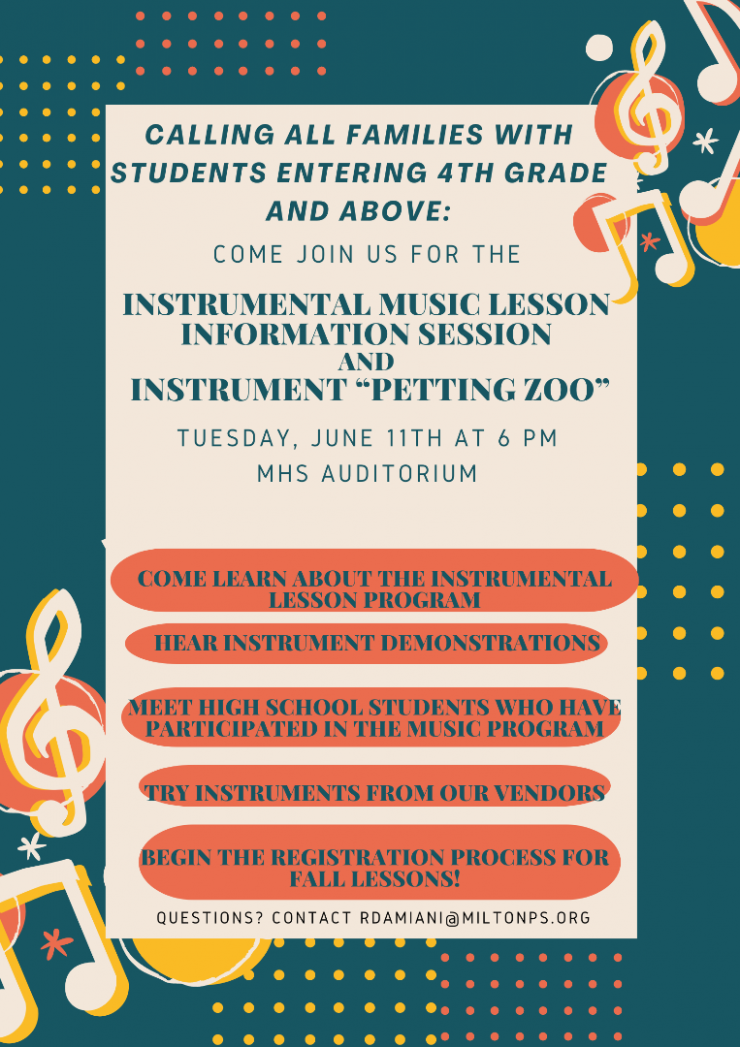 text states: Instrumental Lesson Info Session, tuesday June 11th at 6pm MHS auditorium, music notes and teal background